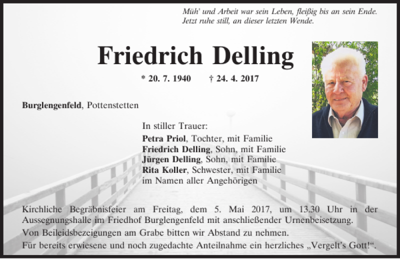  Traueranzeige für Friedrich Delling vom 03.05.2017 aus Mittelbayerische Zeitung Schwandorf