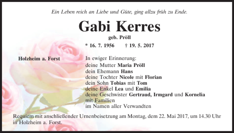  Traueranzeige für Gabi Kerres vom 20.05.2017 aus Mittelbayerische Zeitung Regensburg