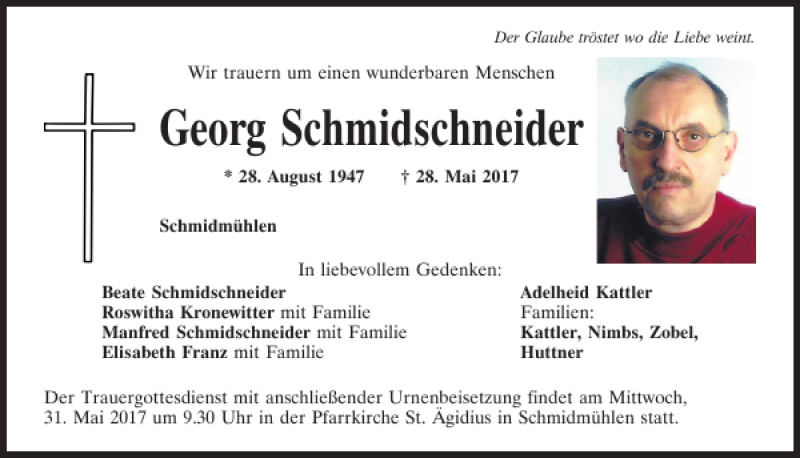  Traueranzeige für Georg Schmidschneider vom 30.05.2017 aus Mittelbayerische Zeitung Schwandorf