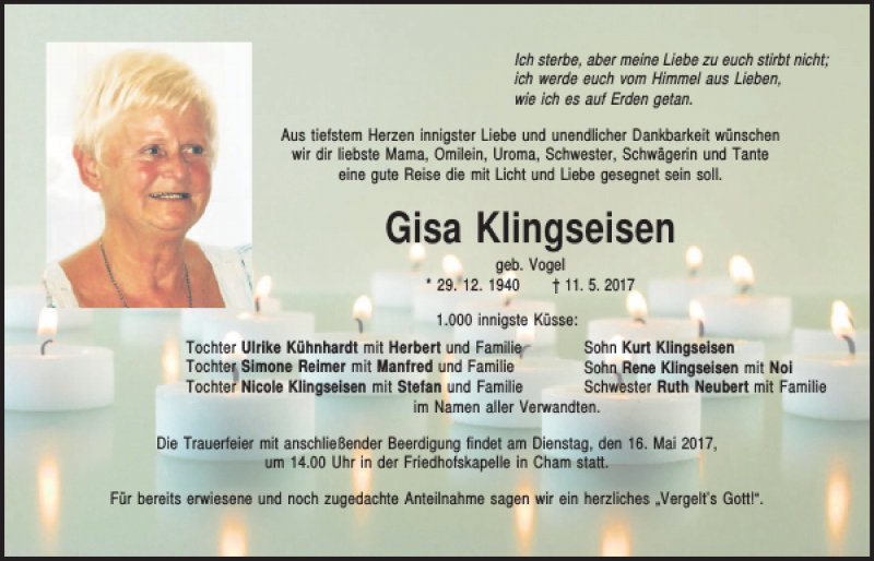  Traueranzeige für Gisa Klingseisen vom 13.05.2017 aus Bayerwald Echo