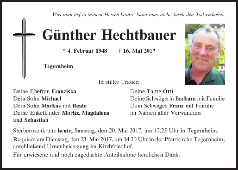  Traueranzeige für Günther Hechtbauer vom 20.05.2017 aus Mittelbayerische Zeitung Regensburg