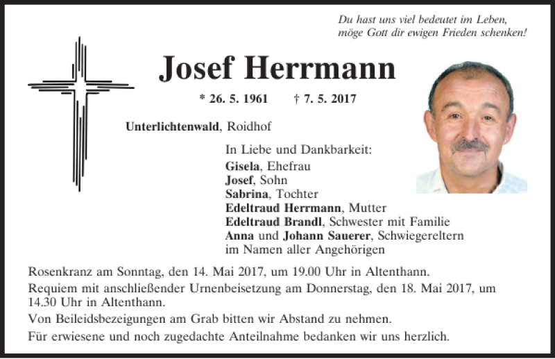  Traueranzeige für Josef Herrmann vom 13.05.2017 aus Mittelbayerische Zeitung Regensburg