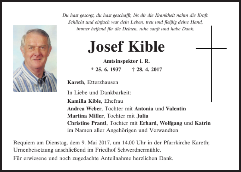  Traueranzeige für Josef Kible vom 06.05.2017 aus Mittelbayerische Zeitung Regensburg