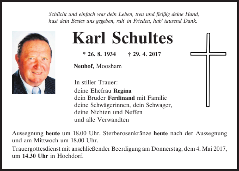  Traueranzeige für Karl Schultes vom 02.05.2017 aus Mittelbayerische Zeitung Regensburg