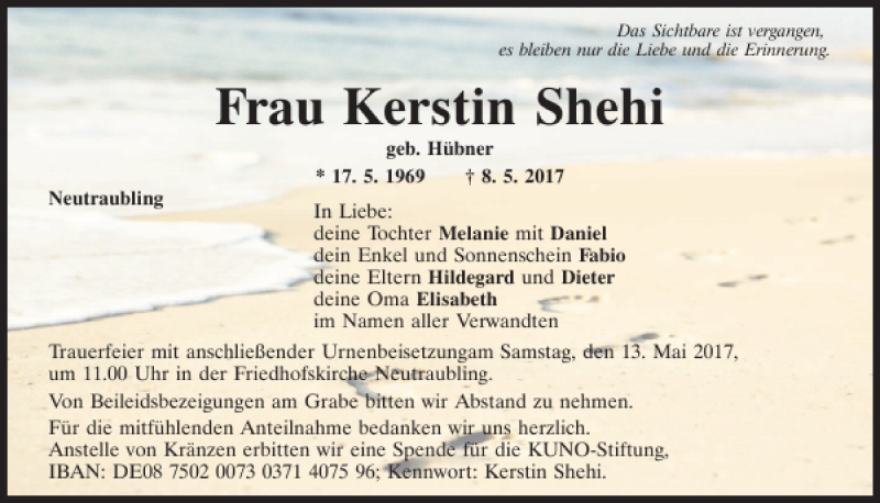  Traueranzeige für Kerstin Shehi vom 11.05.2017 aus Mittelbayerische Zeitung Regensburg