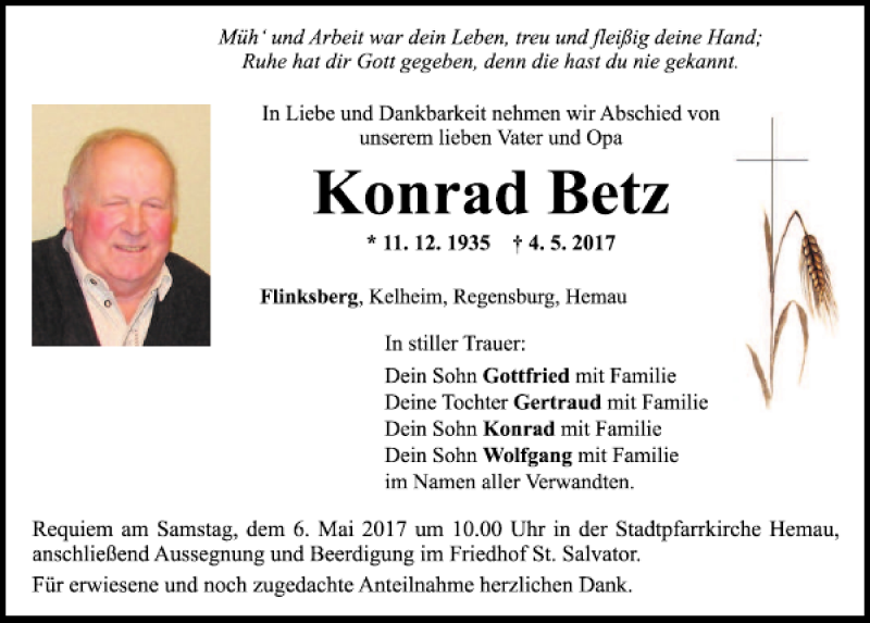  Traueranzeige für Konrad Betz vom 05.05.2017 aus Mittelbayerische Zeitung Regensburg