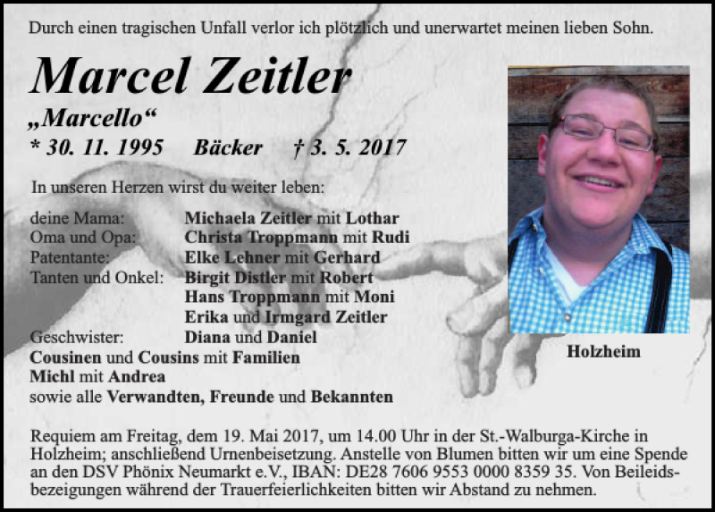  Traueranzeige für Marcel Zeitler vom 17.05.2017 aus Neumarkter Tagblatt