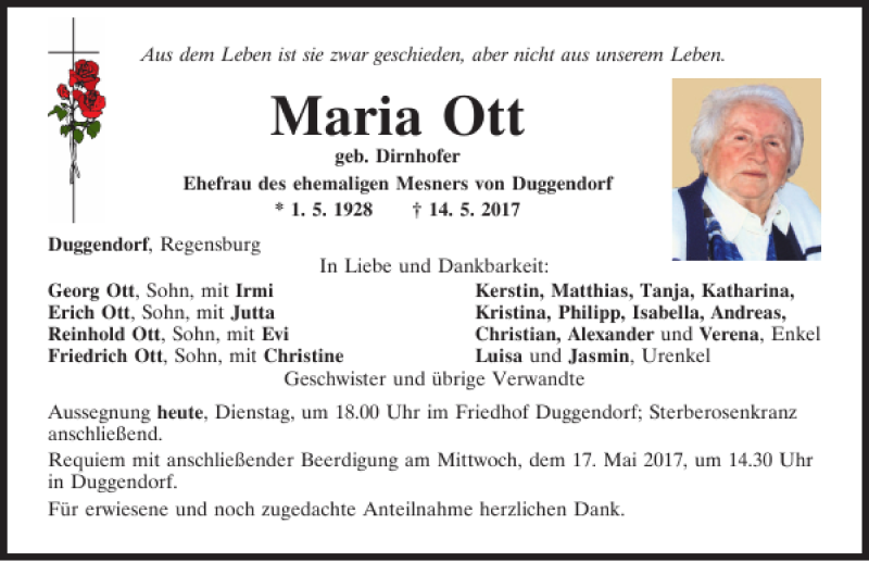  Traueranzeige für Maria Ott vom 16.05.2017 aus Mittelbayerische Zeitung Regensburg