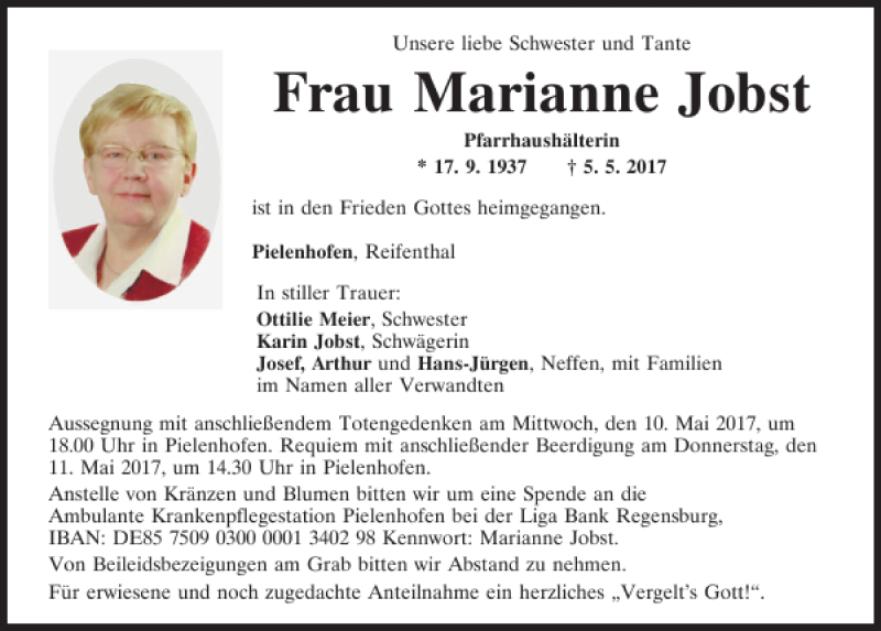  Traueranzeige für Marianne Jobst vom 06.05.2017 aus Mittelbayerische Zeitung Regensburg