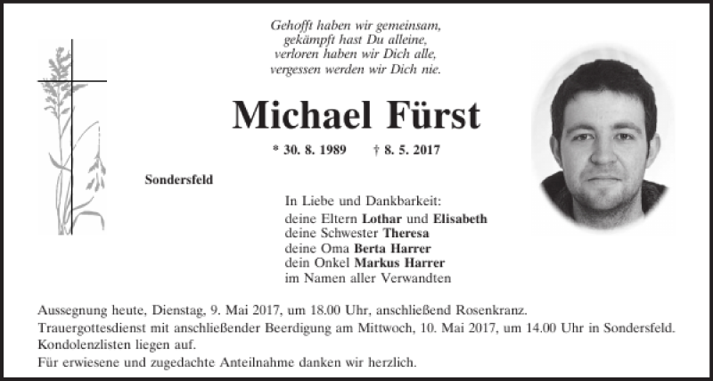  Traueranzeige für Michael Fürst vom 09.05.2017 aus Neumarkter Tagblatt