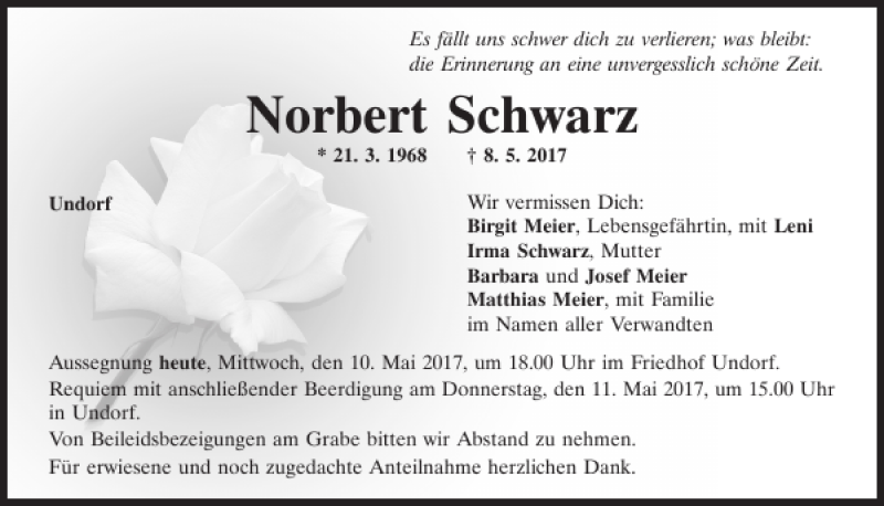  Traueranzeige für Norbert Schwarz vom 10.05.2017 aus Mittelbayerische Zeitung Regensburg