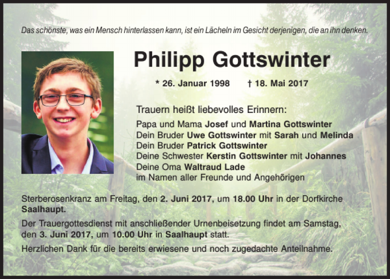  Traueranzeige für Philipp Gottswinter vom 31.05.2017 aus Mittelbayerische Zeitung Kelheim