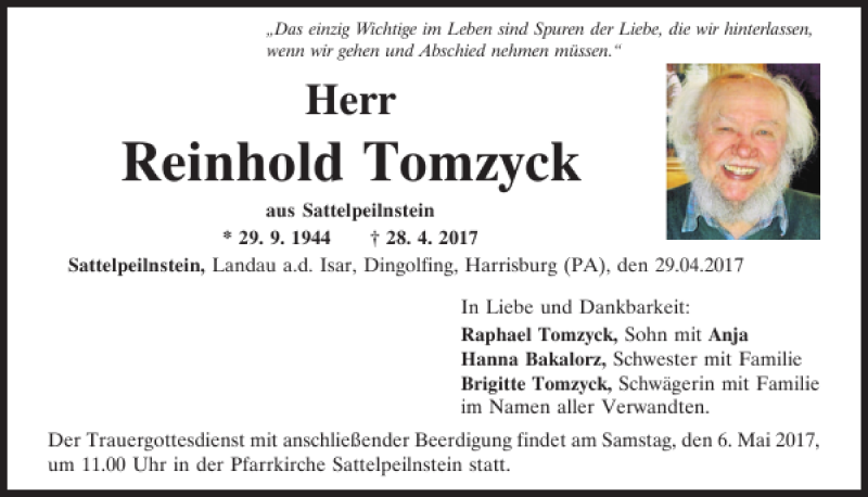  Traueranzeige für Reinhold Tomzyck vom 04.05.2017 aus Bayerwald Echo