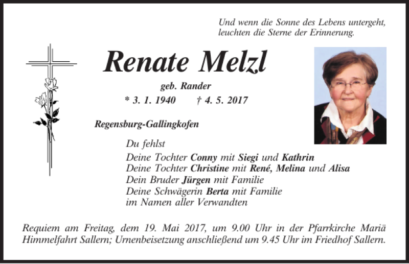  Traueranzeige für Renate Melzl vom 17.05.2017 aus Mittelbayerische Zeitung Regensburg