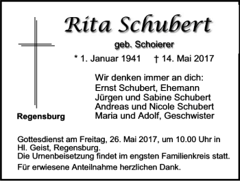 Traueranzeige von Rita Schubert von Mittelbayerische Zeitung Regensburg