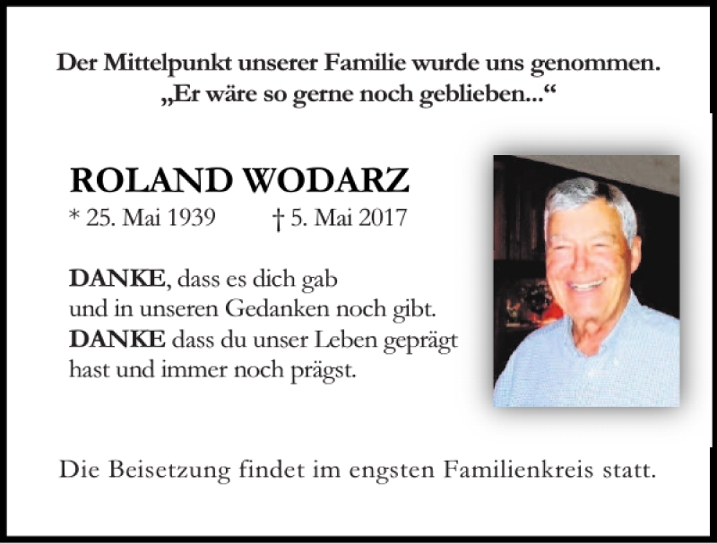  Traueranzeige für Roland Wodarz vom 09.05.2017 aus Mittelbayerische Zeitung Regensburg