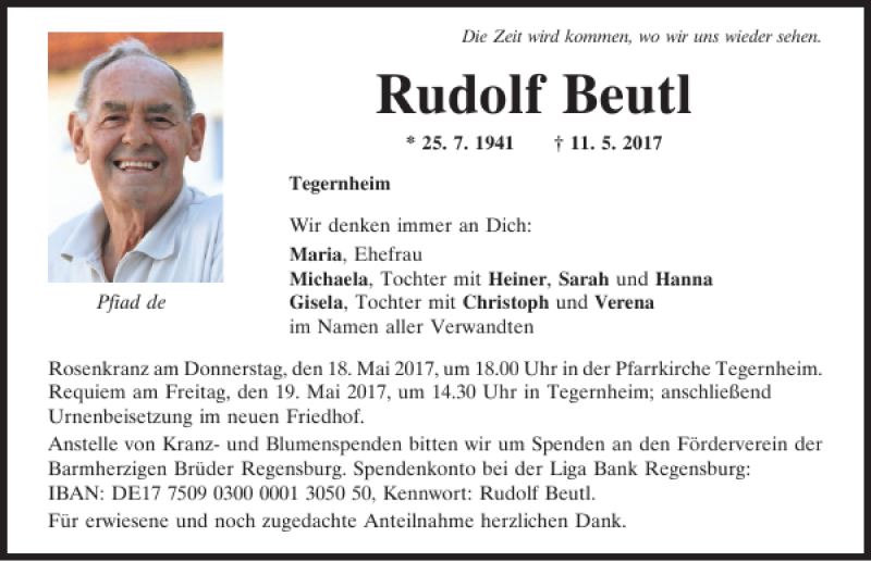  Traueranzeige für Rudolf Beutl vom 17.05.2017 aus Mittelbayerische Zeitung Regensburg