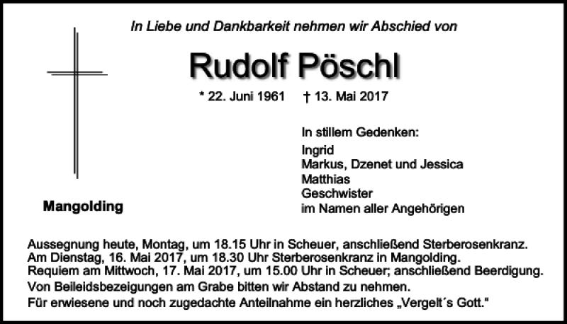  Traueranzeige für Rudolf Pöschl vom 15.05.2017 aus Mittelbayerische Zeitung Regensburg