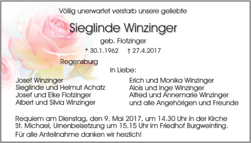  Traueranzeige für Sieglinde Winzinger vom 06.05.2017 aus Mittelbayerische Zeitung Regensburg