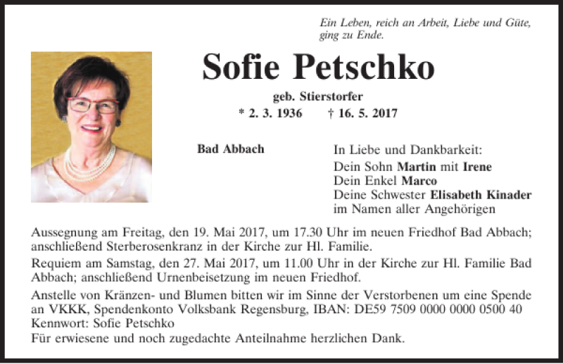  Traueranzeige für Sofie Petschko vom 17.05.2017 aus Mittelbayerische Zeitung Regensburg