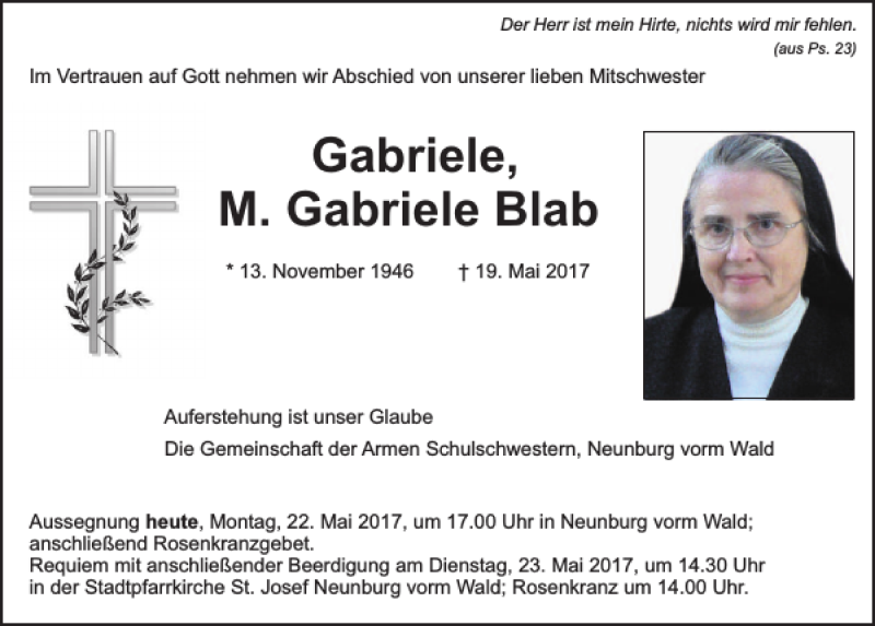  Traueranzeige für Sr. M. Gabriele Blab vom 22.05.2017 aus Mittelbayerische Zeitung Schwandorf