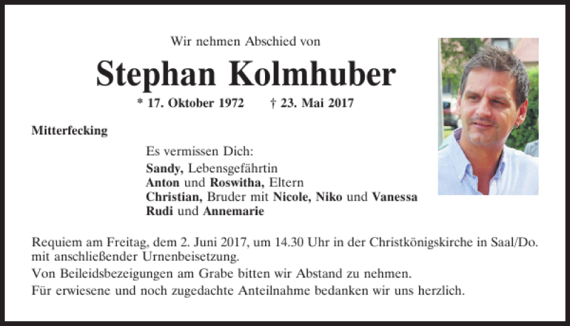  Traueranzeige für Stephan Kolmhuber vom 31.05.2017 aus Mittelbayerische Zeitung Regensburg