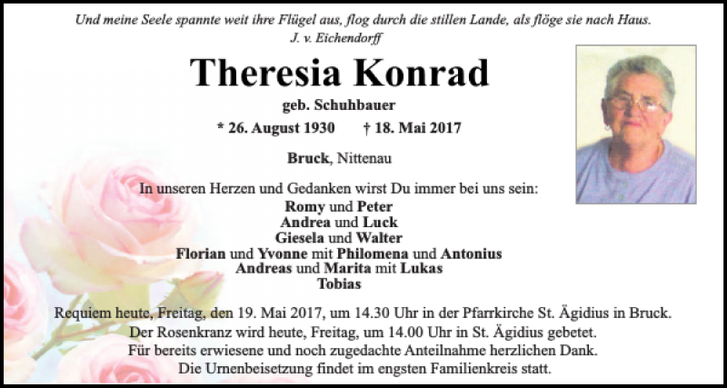  Traueranzeige für Theresia Konrad vom 19.05.2017 aus Mittelbayerische Zeitung Schwandorf