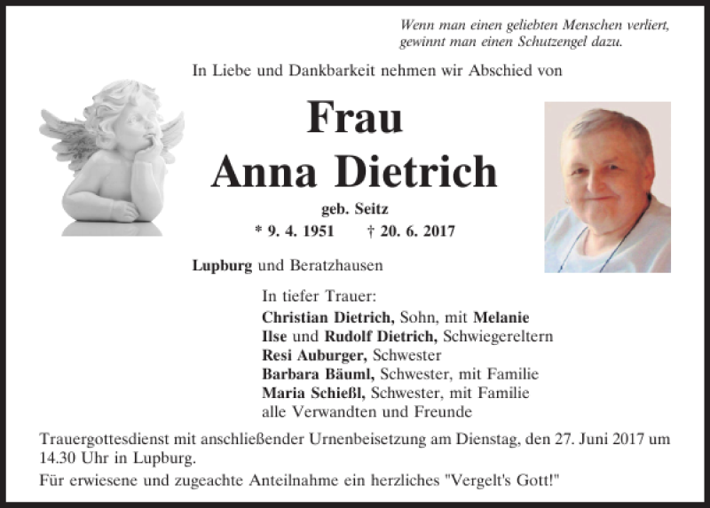  Traueranzeige für Anna Dietrich vom 24.06.2017 aus Neumarkter Tagblatt