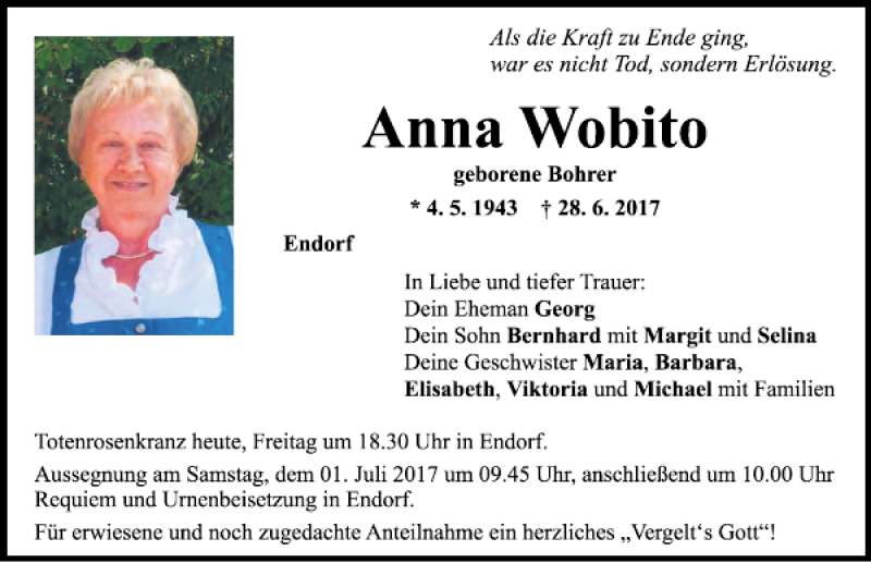  Traueranzeige für Anna Wobito vom 30.06.2017 aus Mittelbayerische Zeitung Regensburg