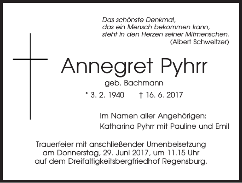  Traueranzeige für Annegret Pyhrr vom 23.06.2017 aus Mittelbayerische Zeitung Regensburg