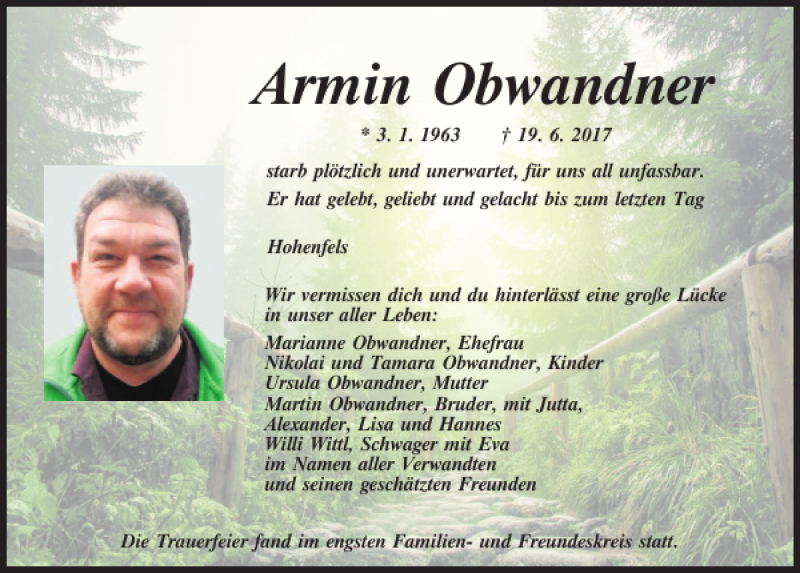  Traueranzeige für Armin Obwandner vom 24.06.2017 aus Neumarkter Tagblatt