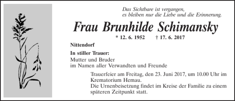  Traueranzeige für Brunhilde Schimansky vom 21.06.2017 aus Mittelbayerische Zeitung Regensburg