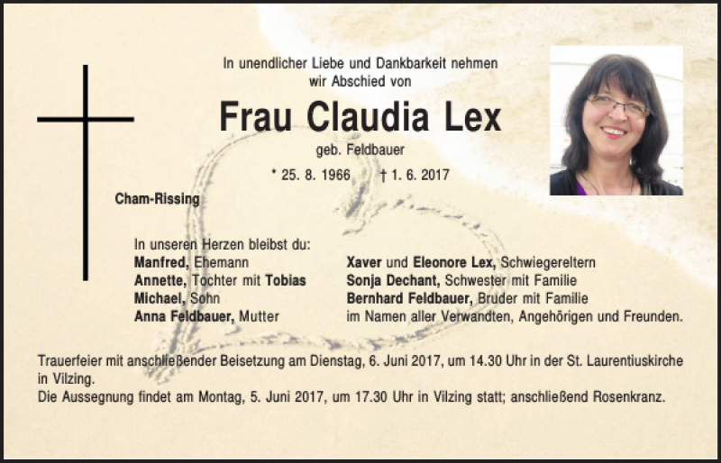  Traueranzeige für Claudia Lex vom 03.06.2017 aus Bayerwald Echo