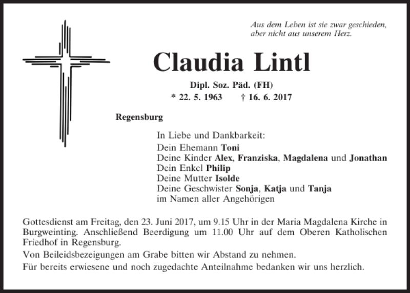  Traueranzeige für Claudia Lintl vom 21.06.2017 aus Mittelbayerische Zeitung Regensburg