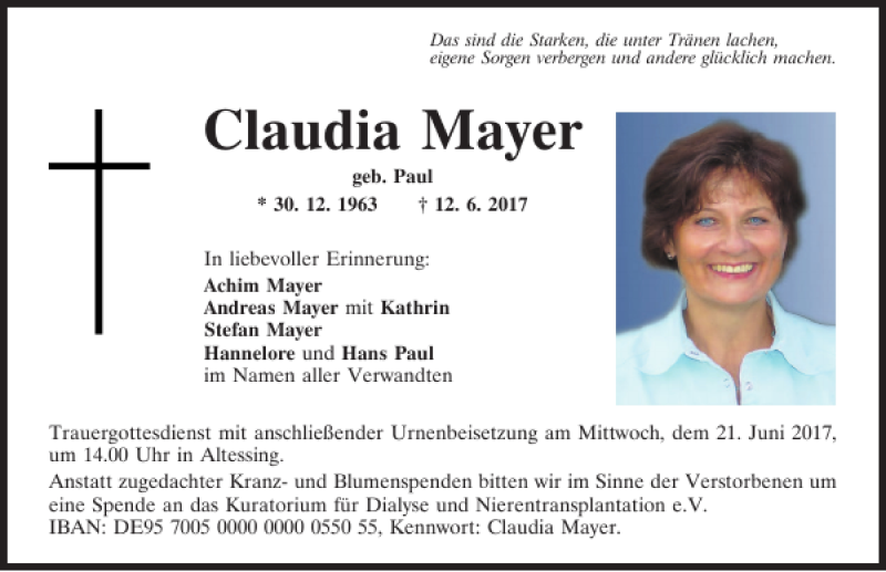  Traueranzeige für Claudia Mayer vom 20.06.2017 aus Mittelbayerische Zeitung Kelheim