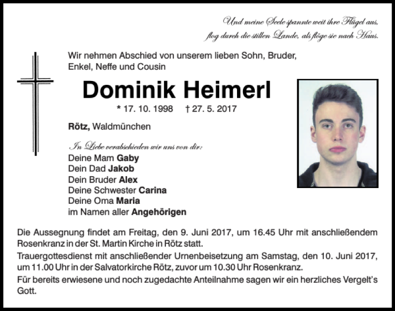  Traueranzeige für Dominik  Heimerl vom 08.06.2017 aus Bayerwald Echo