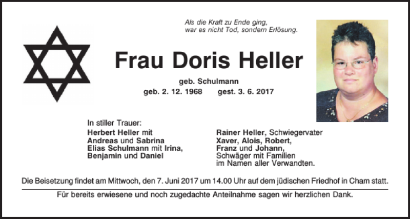  Traueranzeige für Doris Heller vom 07.06.2017 aus Bayerwald Echo