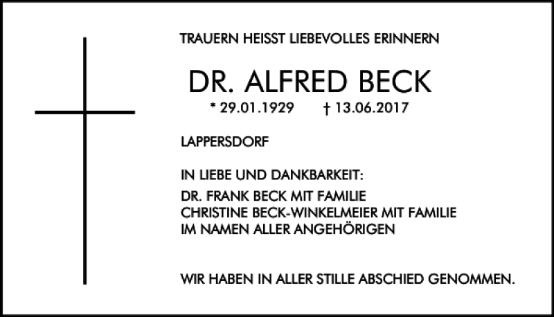  Traueranzeige für Dr. Alfred Beck vom 24.06.2017 aus Mittelbayerische Zeitung Regensburg