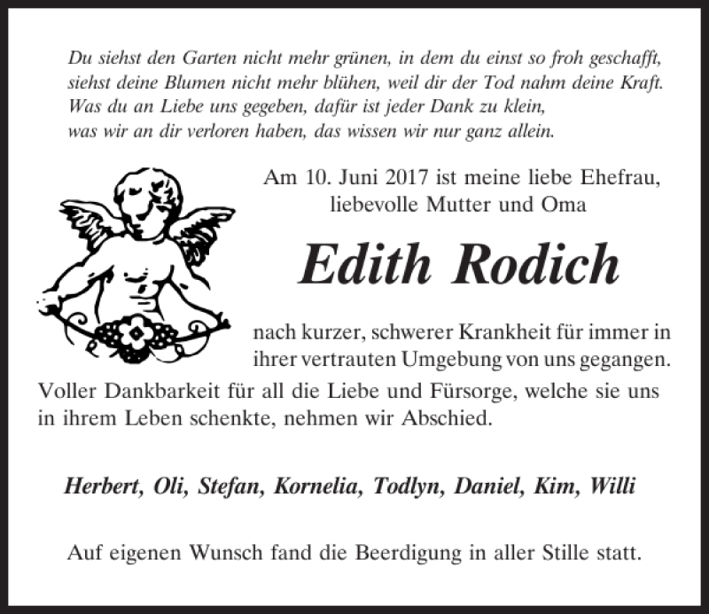  Traueranzeige für Edith Rodich vom 23.06.2017 aus Mittelbayerische Zeitung Regensburg