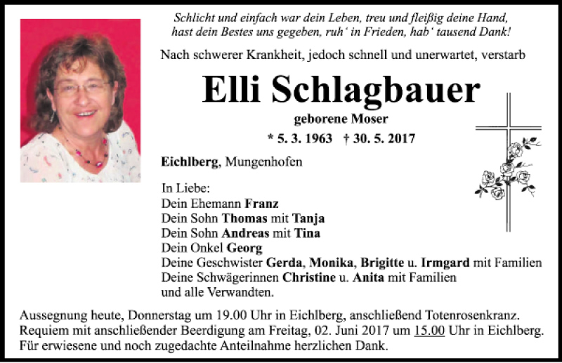  Traueranzeige für Elli Schlagbauer vom 01.06.2017 aus Mittelbayerische Zeitung Regensburg