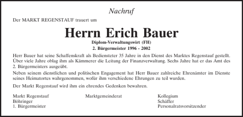 Traueranzeigen Von Erich Bauer | Mittelbayerische Trauer