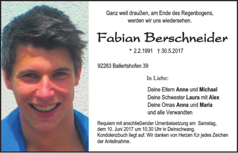  Traueranzeige für Fabian Berschneider vom 08.06.2017 aus Neumarkter Tagblatt