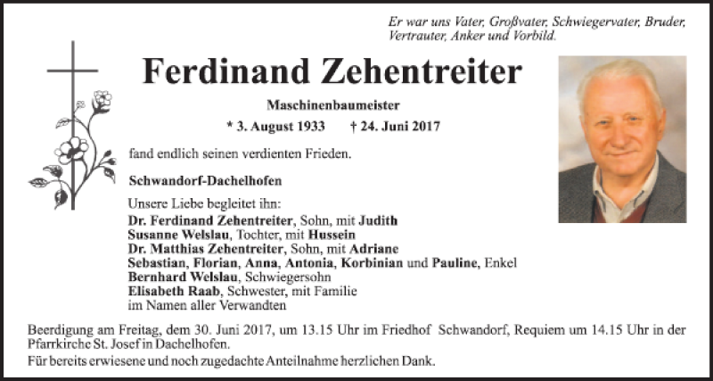  Traueranzeige für Ferdinand Zehentreiter vom 26.06.2017 aus Mittelbayerische Zeitung Schwandorf