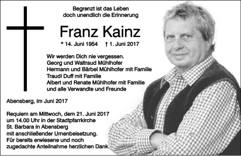  Traueranzeige für Franz Kainz vom 17.06.2017 aus Mittelbayerische Zeitung Kelheim