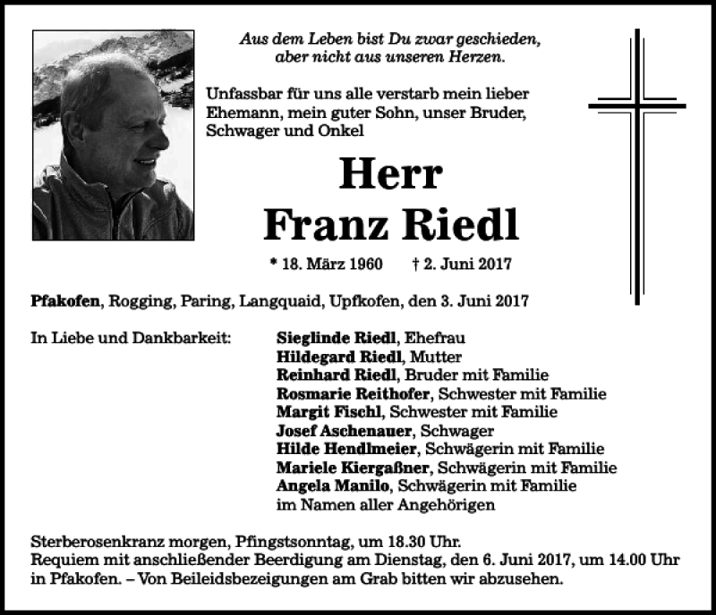  Traueranzeige für Franz Riedl vom 03.06.2017 aus Mittelbayerische Zeitung Regensburg