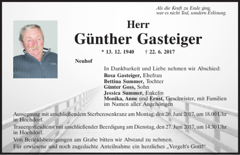  Traueranzeige für Günther Gasteiger vom 24.06.2017 aus Mittelbayerische Zeitung Regensburg