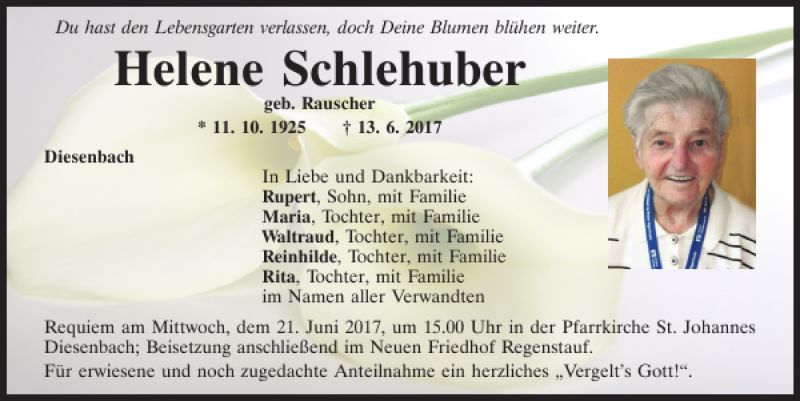  Traueranzeige für Helene Schlehuber vom 20.06.2017 aus Mittelbayerische Zeitung Regensburg