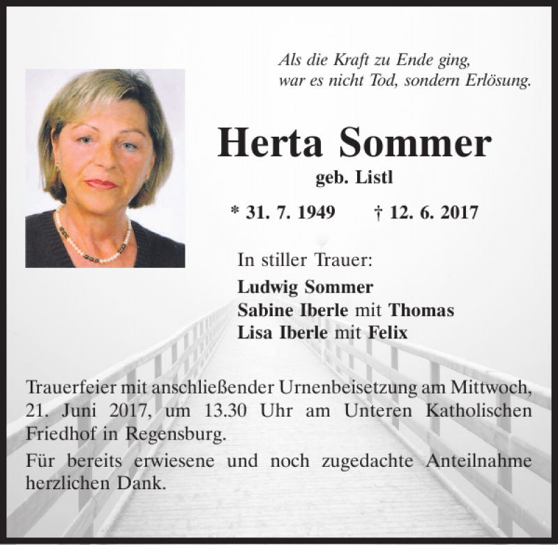  Traueranzeige für Herta Sommer vom 17.06.2017 aus Mittelbayerische Zeitung Regensburg