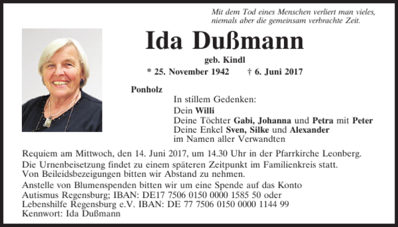  Traueranzeige für Ida Dußmann vom 10.06.2017 aus Mittelbayerische Zeitung Regensburg