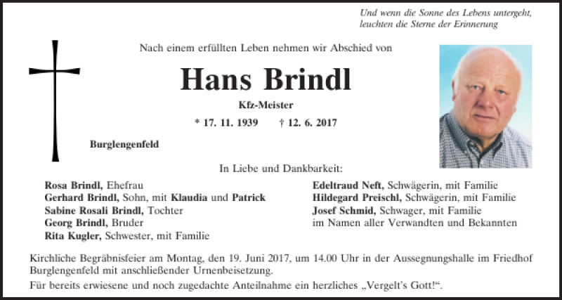  Traueranzeige für Johann Brindl vom 16.06.2017 aus Mittelbayerische Zeitung Schwandorf